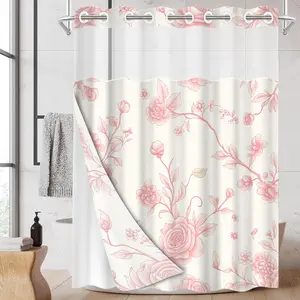 1pc hookless shower curtain with buckle lining, spring pink and white rose flowers floral design, 2D flat printing, fabric waterproof lining, see-through double-layer shower curtain, 71 x 74 inches, modern home draping curtain
