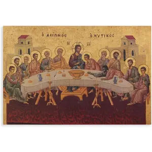 Kroey The Last Supper Icon Poster - Greek Orthodox Icon, Golden Sheet, Printed And Partly Painted on Handmade Crackling Canvas Pine Wood