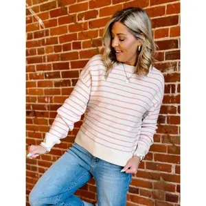 Ely Soft Stripe Ribbed Sweater, Cream/Watermelon