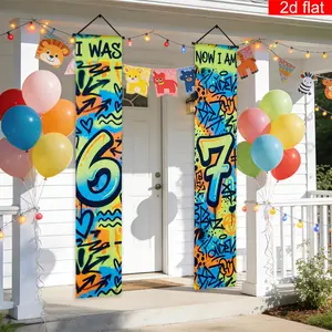 2D Banner Set, 2 Pieces, Birthday Doorway Sign, Polyester, Graffiti Style, 'i Was 6' & 'now I Am 7', Heart, Wave, Arrow Design, Party Decor