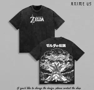 The Legend of Zelda Vintage Acid Wash Graphic Tee, Hyrule Tree Manga Oversized Streetwear T-Shirt, Washed Grey Gaming Anime Clothing