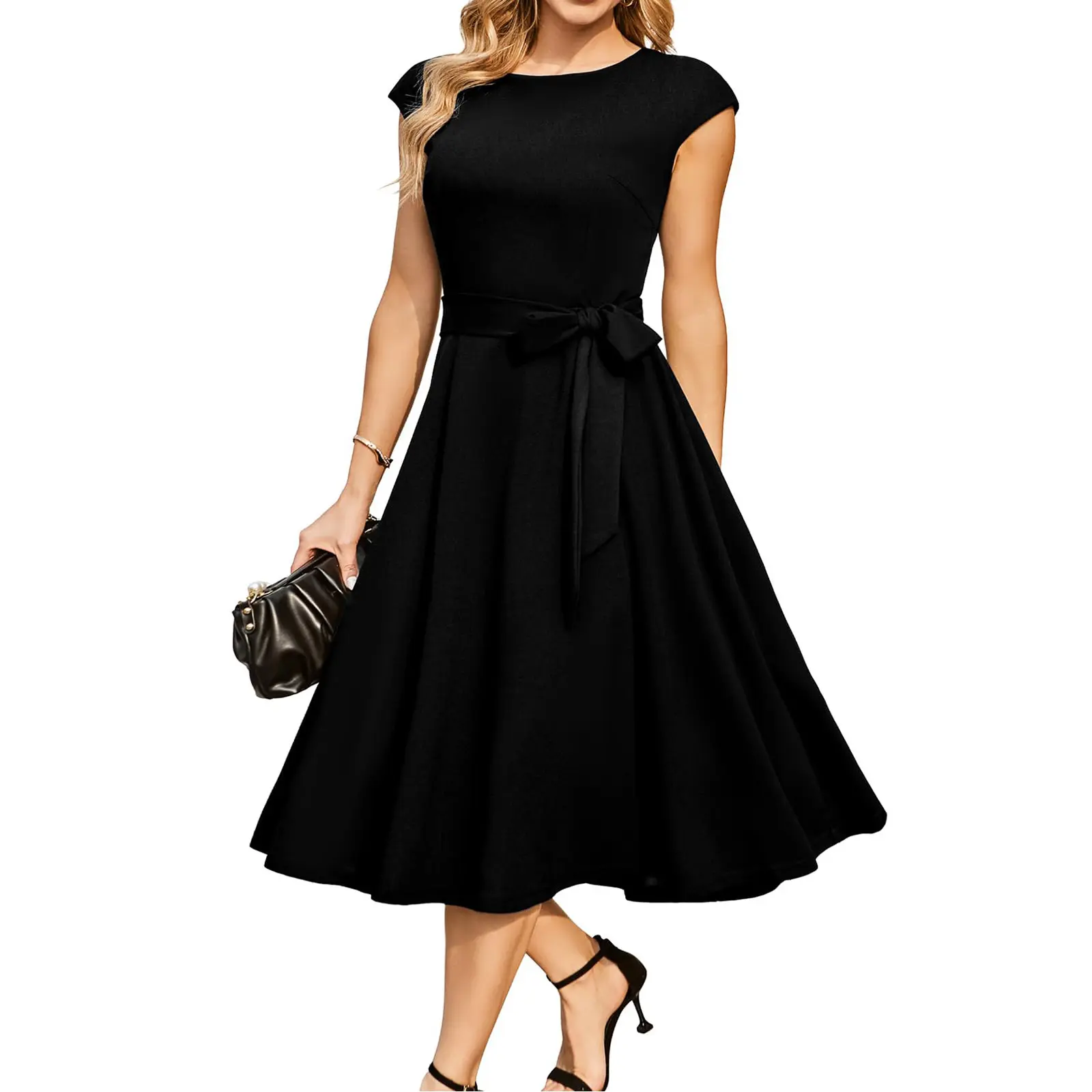 Women's Chic Elegant Round Neck Formal Wear Midi Cocktail Dress - Sports Dress for Formal Wedding Guests, Vintage Tea Parties, Wedding Guest Dresses