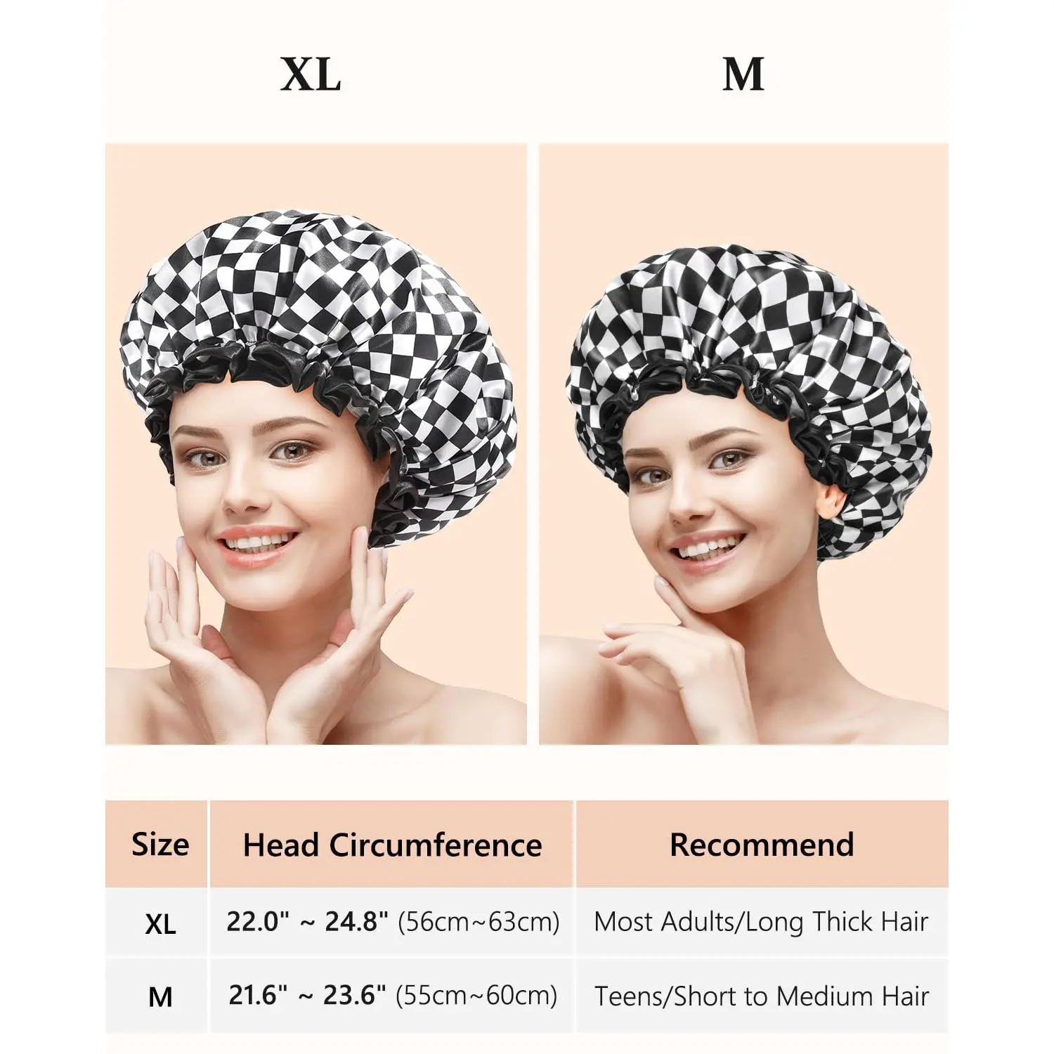 mikimini Large Shower Cap for Women Long Hair, Reusable, Double Layers Waterproof Large Bathing Shower Hat with Soft Comfortable PEVA Lining, Non-Fading, Stretchy & Shower Caps ,Checkerboard (Pack of 1)