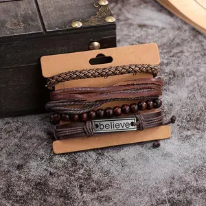 Believe Multi-layered Leather Wax Cord Woven Bracelets - 4 Pieces Hand-Knitted with Wooden Beads and Adjustable Size
