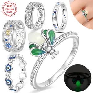 S925 sterling silver, women's fashionable glowing green firefly ring, retro wide face ring, suitable for daily gatherings, parties, weddings, DIY holiday birthday gifts, simple style jewelry