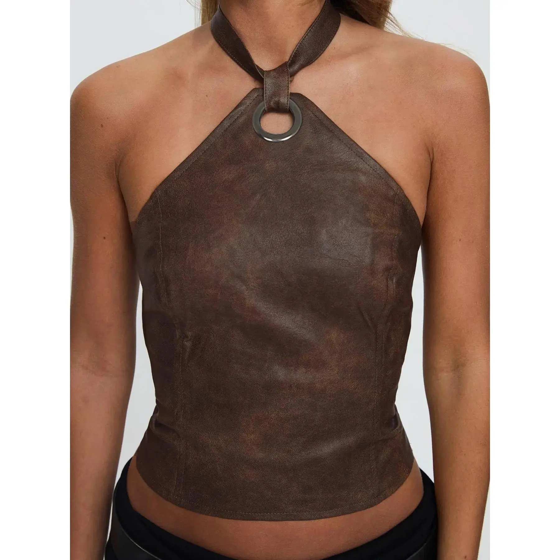 Refined Women's Solid Lace Up Backless Halter Neck Top, Fashion Casual Chic Fit PU Leather for Daily Outdoor Wear, Ladies Clothes Summer, Loungewear, Adjustable, Stretchy, Classy, Wardrobe Essential, Modern, Soft Touch