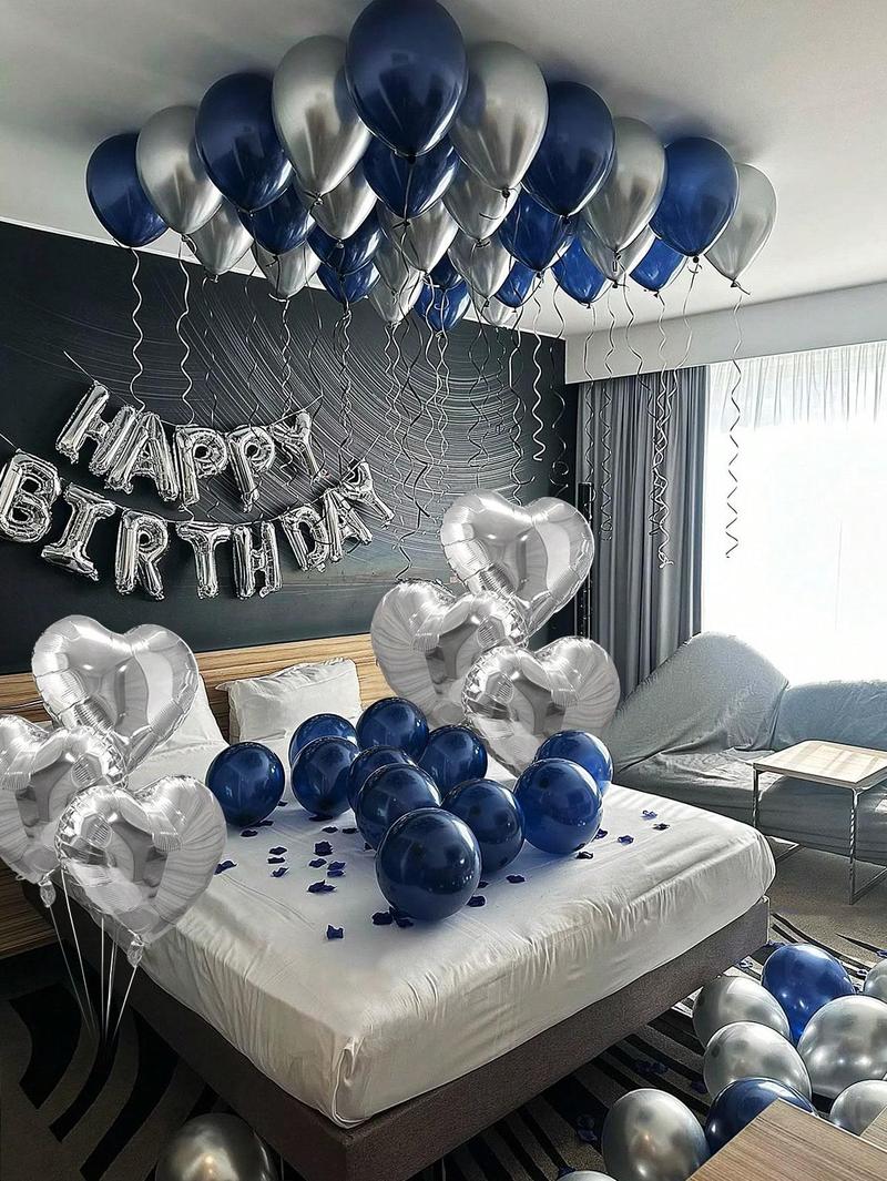61pcs Silver and Blue Balloon Set for Party Holiday and Birthday Includes 16 Inch Foil Letter Balloons Silver Heart Foil Balloons Metallic Silver and Matte Navy Blue Latex Balloons Red Light Eye Therapy Mask Plastic Dice PE Material Multicolor Decorations