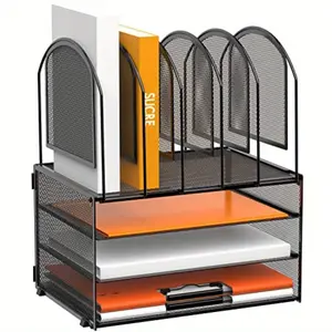 3-Tier Desktop Organizer with 5 Vertical File Racks, Paper Tray, Desktop Folder Holder & Accessories, Suitable for Home Office Document Sorting and Storage