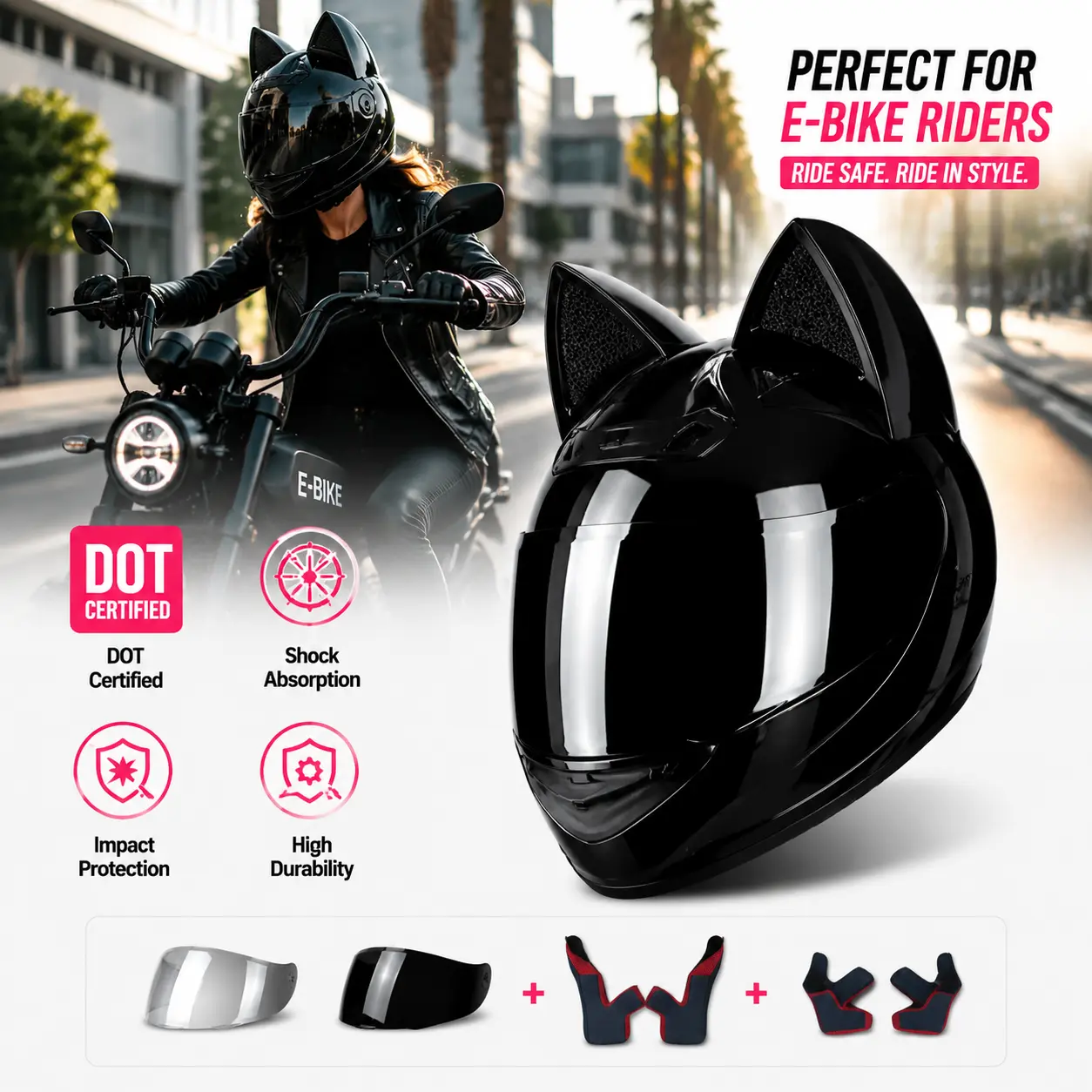 LeLW DOT Certified Full Face Motorcycle Helmet with Cat Ear Design – Unisex Safety Helmet for Motorcycle, Scooter & E-Bike Riders, Dual Visor, Removable Washable Liner, Bluetooth Ready, Adjustable Fit System, Includes S/L Fit Pads & Helmet Bag