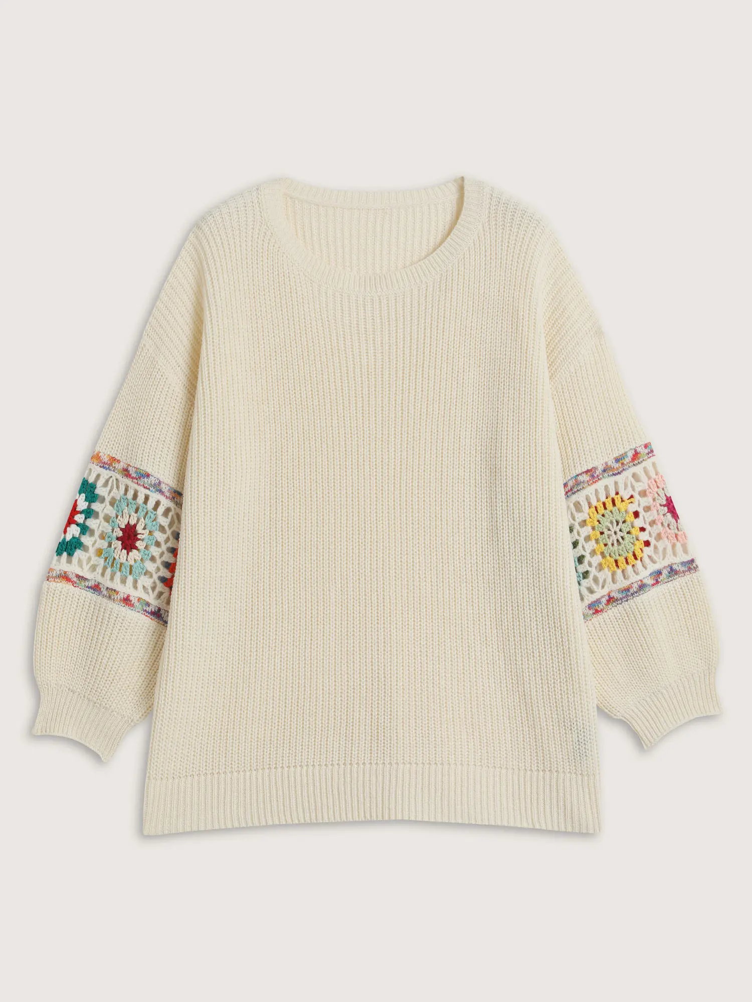 BloomChic Women's Ivory Crew Neck Long Sleeve Crochet-Knitted Pullover - Flared Lantern Statement Sleeves, Crochet Floral Detailing, Lace Trim, Loose-Fitting, Milky-Toned, Warmer, Casual Women's Knitwear for Winter, Crochet-Knitted Women's Pullovers,summe