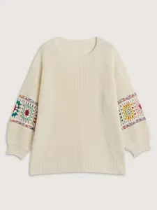 BloomChic Women's Ivory Crew Neck Long Sleeve Knit Pullover - Flared Lantern Statement Sleeves, Crochet Floral Detailing, Lace Trim, Loose-Fitting Casual Winter Knitwear Top