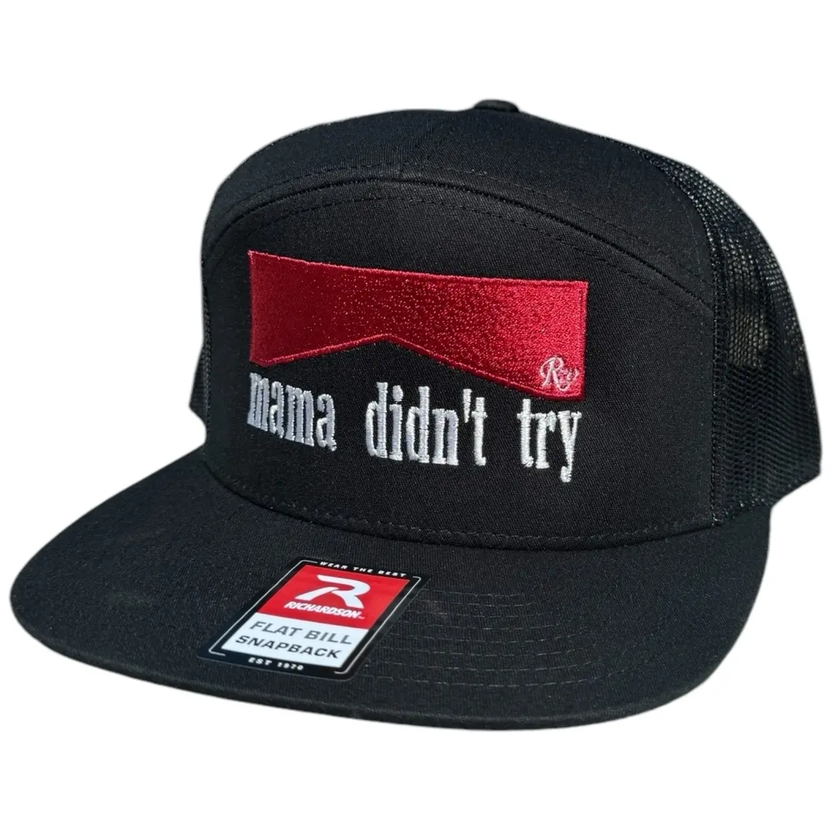 RW Mama Didn’t Try Embroidered Fitted Cap - Black, Red Stripe, Logo, Adjustable Fit