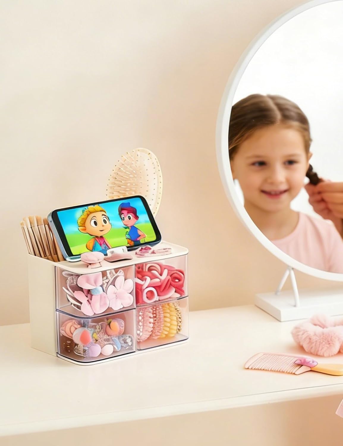 Hair Accessories Organizer with Hair Brush Holder, 4 Drawer Rotatable Hair Tie Organizer for Makeup Brushes, Hair Clips, Earrings, Necklaces, Bracelets and Hair Accessories, White, 2-Layer