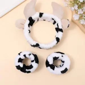3pcs Cute Cow Print Plush Hair Band & Wristband & Hair Tie, Casual Fashion Accessories for Women, Trendy Hair Accessories for Daily Wear
