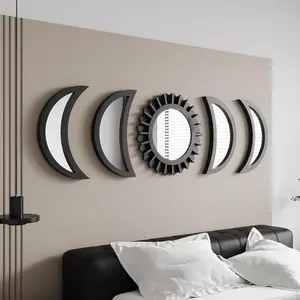 Wall Mirror, Moon Phase Mirror Set, Wall Decor for Bedroom, Bohemian 5 count Wooden and Real Glass Mirror with  Clear Reflection, Boho Decor, Multi-Angle Installation (Black)