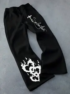 Salvation Script & Flame Geometric Graphic Print Fitted Flared Sweatpants - Y2K Dark Streetwear Pants
