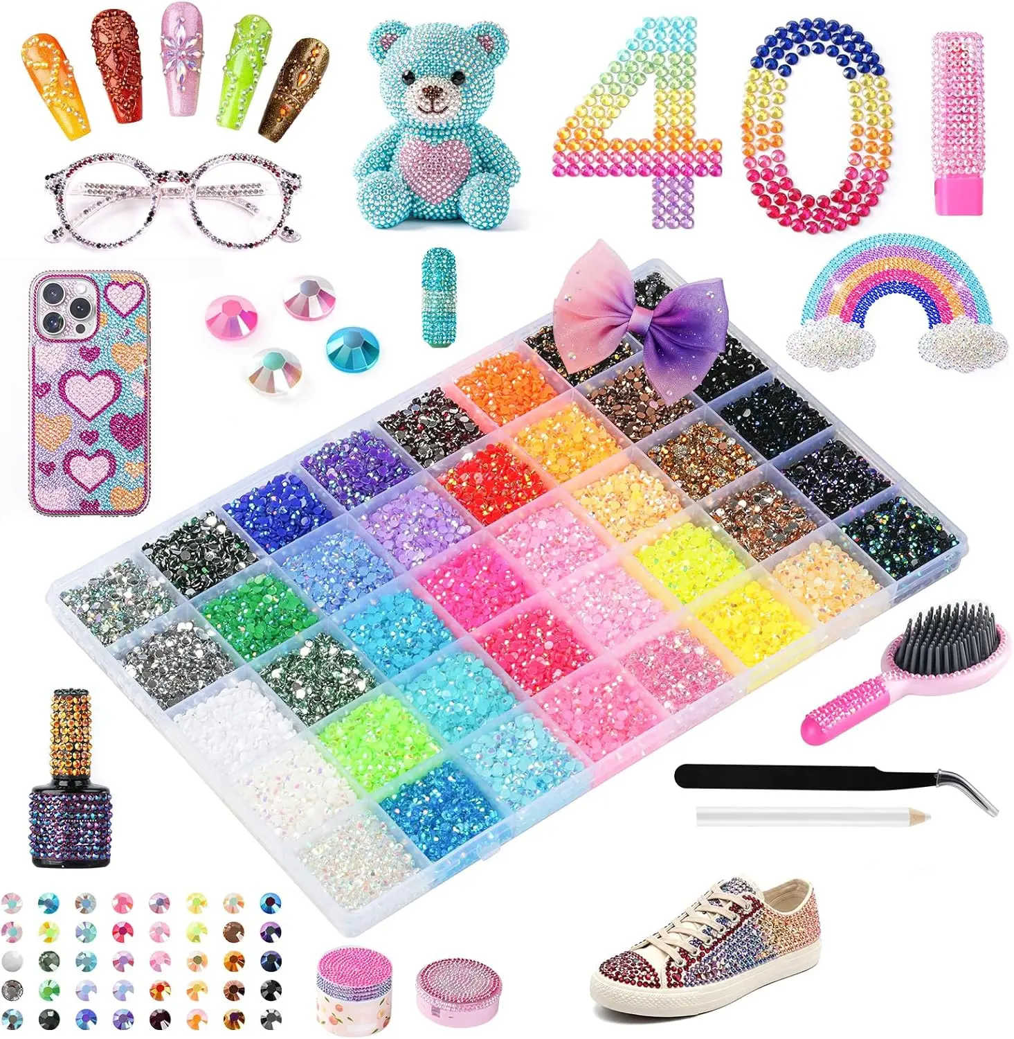 40000Pcs 40 Color Resin Jelly Rhinestones Kit, 3mm Flatback Rhinestones with 2 Tools( Dot Pen & Tweezer), Bedazzler Kit with Rhinestones, All-in-One Bedazzling Kit for DIY Arts & Crafts Gifts