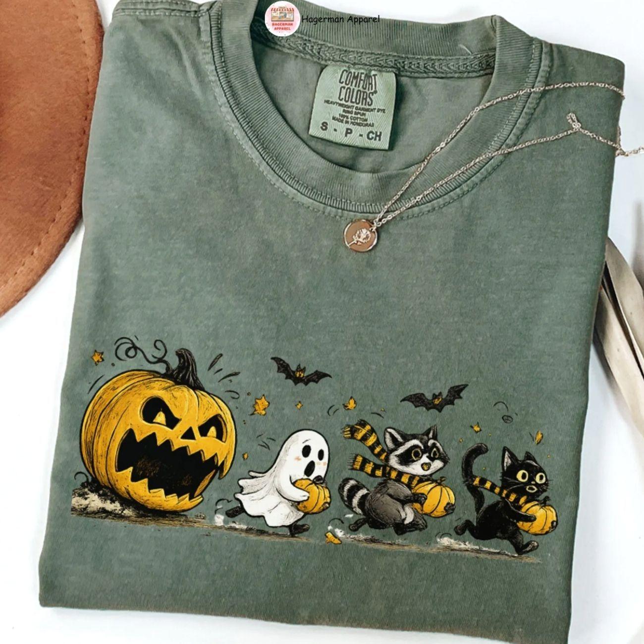 Comfort Colors Funny Halloween T-Shirt, Pumpkin Eat Ghost Tee, Spooky Cat Tee For Her, Halloween Raccoon Ghost Shirt, Soft Cotton.
