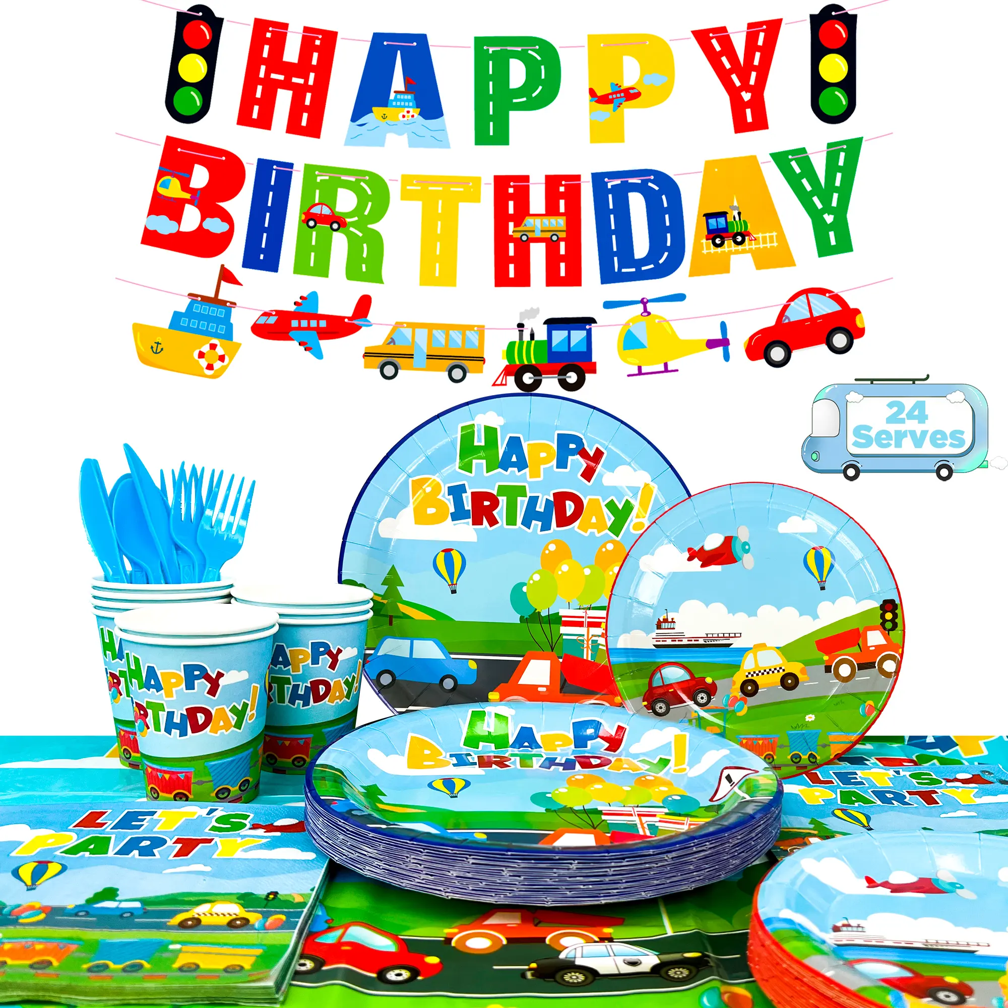 Transportation Birthday Party Supplies, 190 pcs Transportation Party Tableware Set, Transportation Birthday Decor Banner Tablecloth Plates Cups Napkins ect, for Kids Train Bus Car Themed Birthday Party