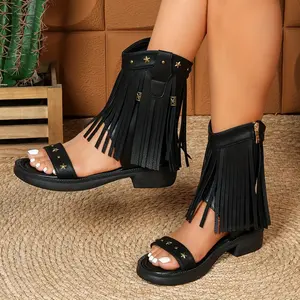 Stylish Women's Black Ankle Boot Sandals with Tassel and Star Rivets - Open Toe, Chunky Platform Sole, Side Zipper, Faux Cover - Perfect for