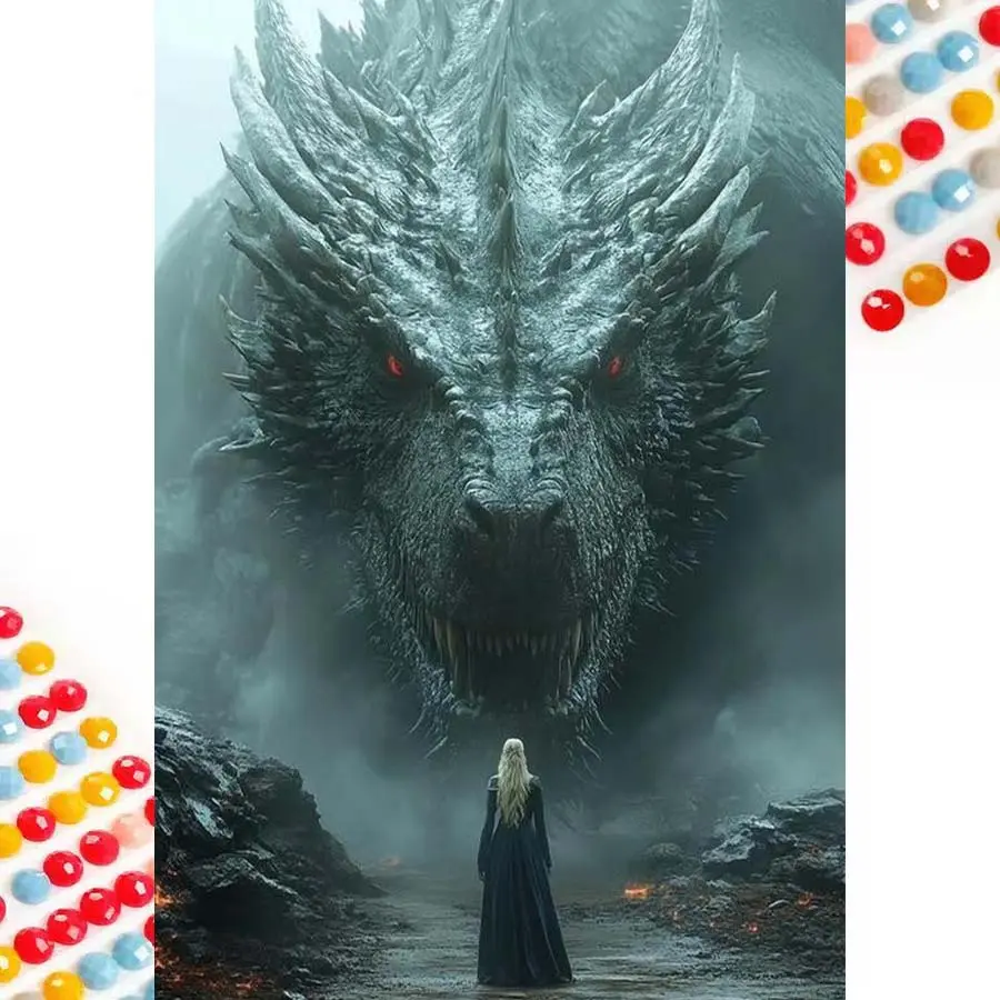 5D DIY Full Drill Round Diamond Painting - Diamond Art Kit Dragon, Woman, Flame Mosaic, Diamond Pattern Design, Canvas - DIY Decorative Painting, Home Wall Decoration, Perfect for Halloween, Christmas Gifts, Crafts, Diy Craft Supplies