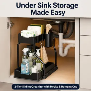 2-Tier Under Sink Organizer with Sliding Drawer, Hooks & Hanging Cup, Kitchen and Bathroom Storage Rack, Black