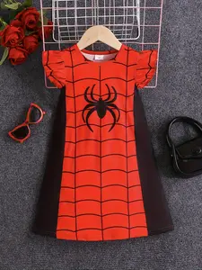 New Girl's Sleeveless Fashion Spider Pattern Straight Dress, Casual Comfortable Round Neck Mini Dress, Cute Spring & Fall Style