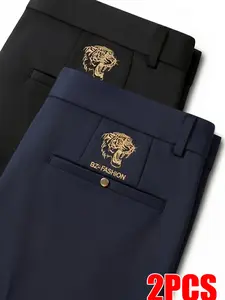 Men's 2 Pack Comfort Fit Embroidered Pants, Slim Fit Straight Leg Trousers with Tiger Embroidery for Casual & Business Activities