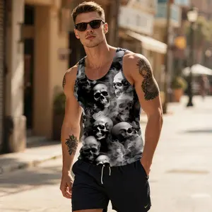 Trendy Gothic Skull Tank Top for Men - Smoky Skeleton Print Workout Sleeveless Tee