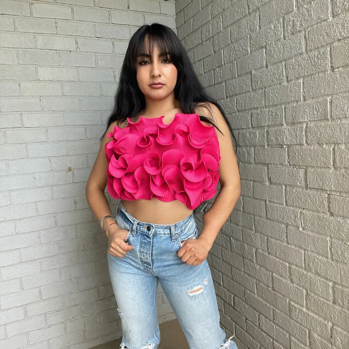 Velma Fuchsia Top - Ruffled Design, 97% Polyester 3% Spandex Fabric, Fuchsia Color, Casual Style for Women