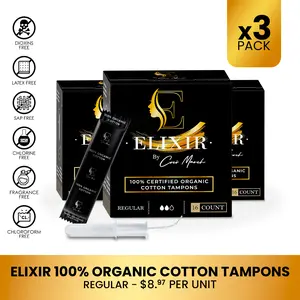 3 Pack Coco March Elixir Organic Cotton Tampons, Regular Feminine Care Tampons for Women (16ct) Comfort Hypoallergenic