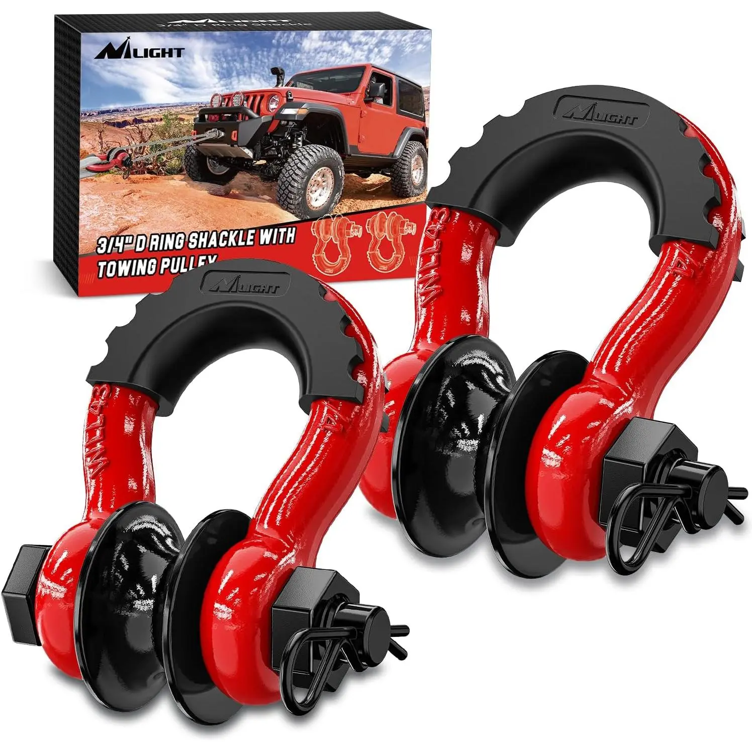 Nilight 3/4" D Ring Shackle with Towing Pulley 2 Pack 4.75 Ton (9500 Lbs) 7/8" Pin Heavy Duty Off Road Recovery Shackle with Isolators Washer Kit for Jeep Truck Tractor Vehicle ATV UTV Durable Nylon Rope Adjustable Rope
