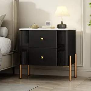 Modern Nightstand with 2 Storage Drawers Fluted Bedside Table Golden Metal Handles Legs End Table for Living Room Bedroom Easy Assembly