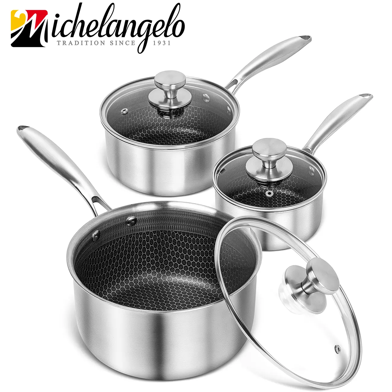 MICHELANGELO Stainless Steel Saucepan Set with Lids, Premium Tri-Ply Sauce Pans with Honeycomb Interior, 1QT, 2QT & 3QT, Induction Compatible