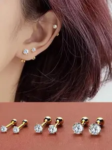 6pcs Zirconium Stainless Steel Ear Studs, Sizes 3mm/4mm/5mm, Durable & Stylish Earring Accessories, Perfect for Daily Wear, Stainless Steel Earrings