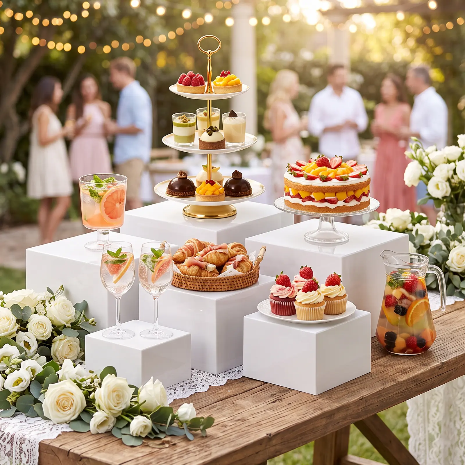 LOVEWE 6PCS Large White Acrylic Display Risers Boxed Set - Nesting Cube Boxes with Hollow Bottoms for Buffet Table, Parties, Dessert Display
