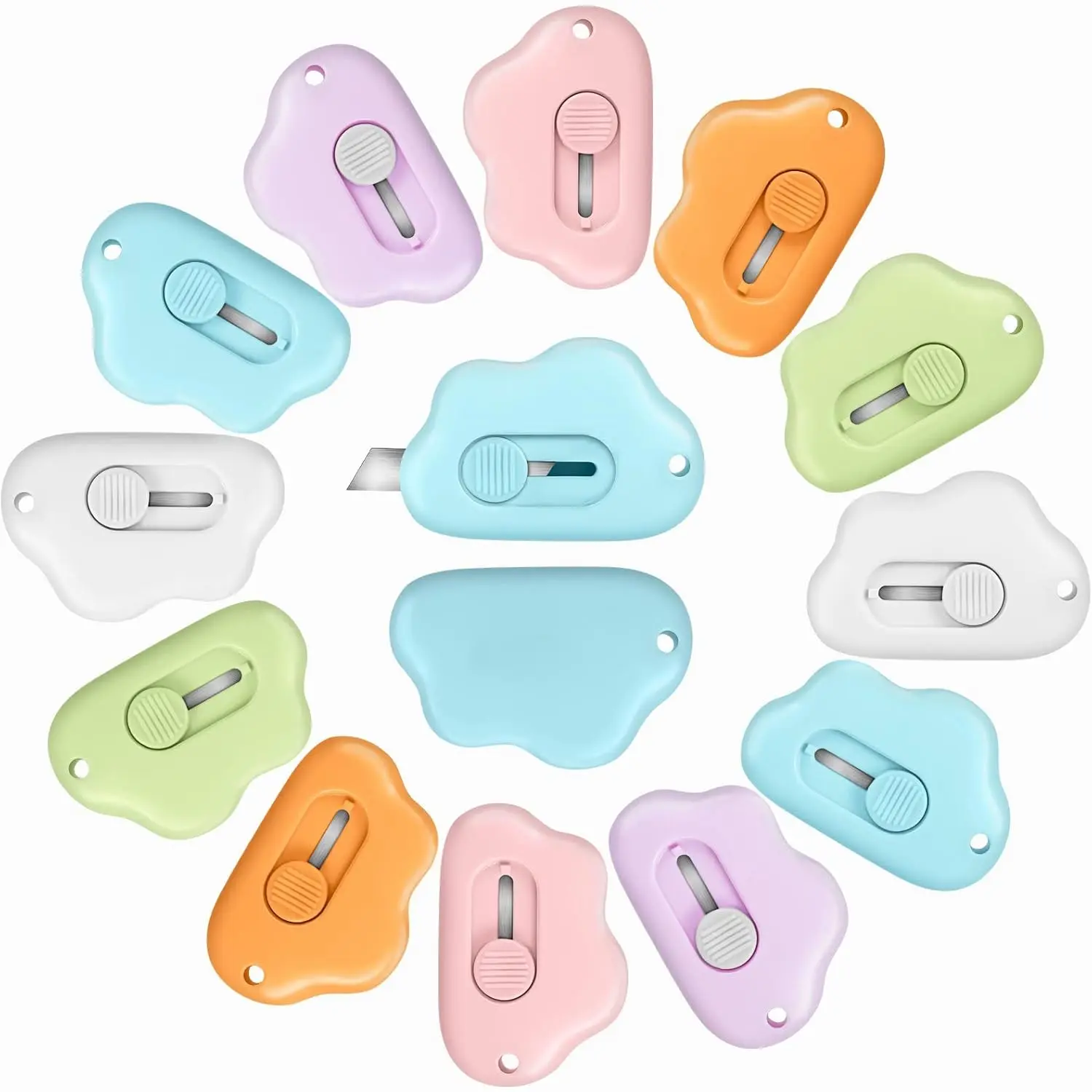 12 Pcs Mini Box Cutter Retractable Utility Knife Cute Small Letter Opener Envelope Slitter Package Box Opener with Keychain Hole, 6 Colors(Cloud)