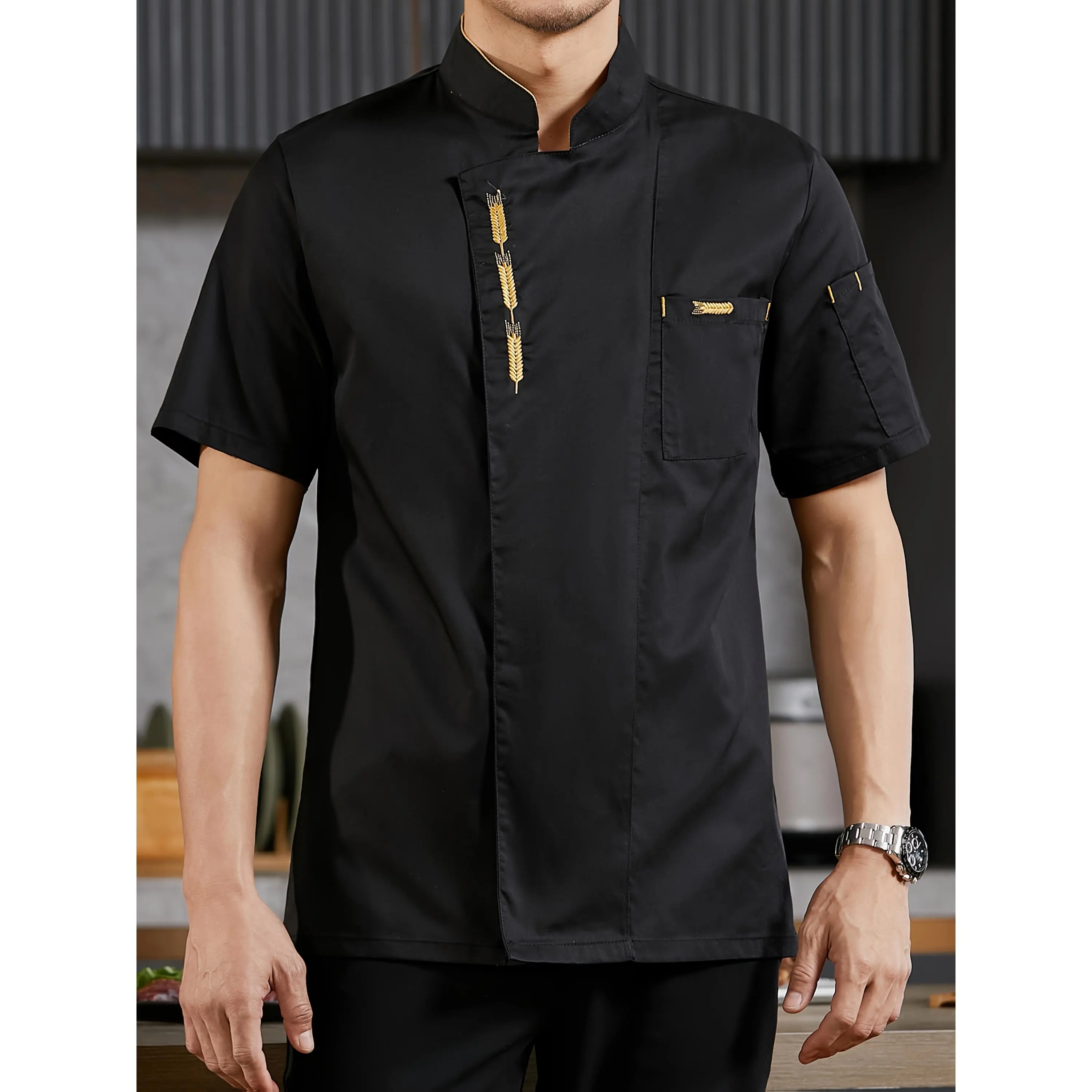 Men's Short Sleeve Workwear Chef Jacket with Golden Embroidery, Breathable Quick-Dry Fabric, and Pockets for Restaurant or Kitchen Use, Menswear