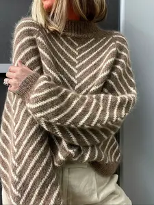 Women's Fuzzy Knit Sweater, Long Sleeve, Casual Travel Wear, Warm Versatile, Elegant Lazy Style, Colorblock Stripes, Knitwear