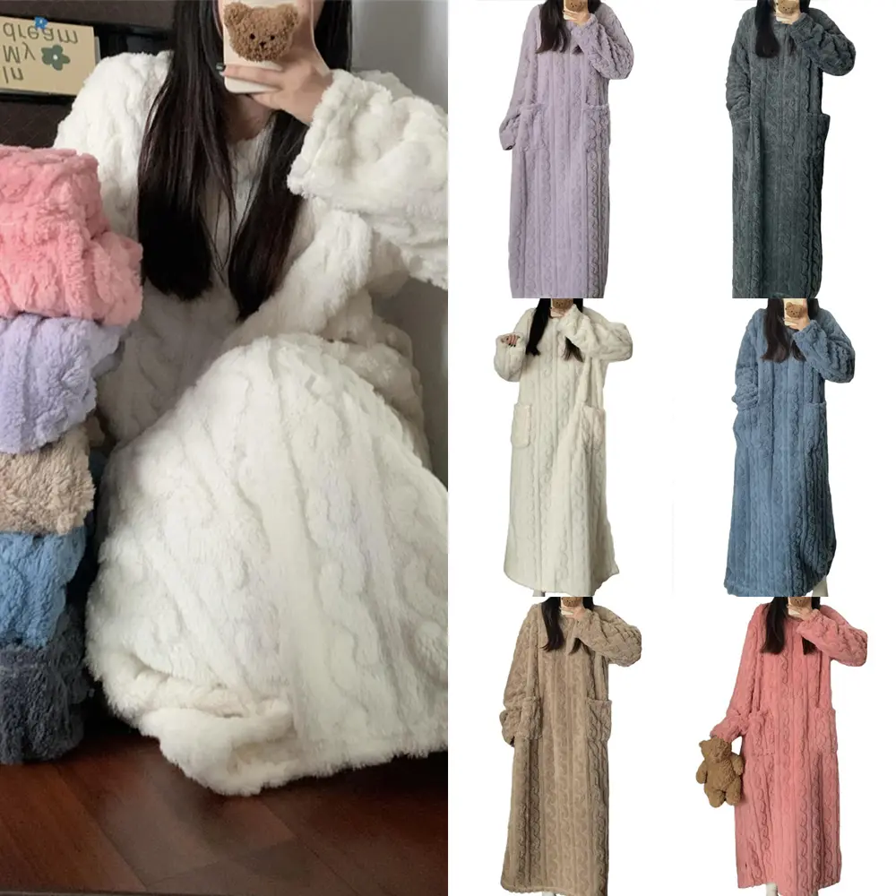 Women's Plush Soft Robe Fluffy Clothes/ Winter Coral Fleece Sleepwear Women's Nightgown Long Night Dress Pajamas With Pockets Comfortable