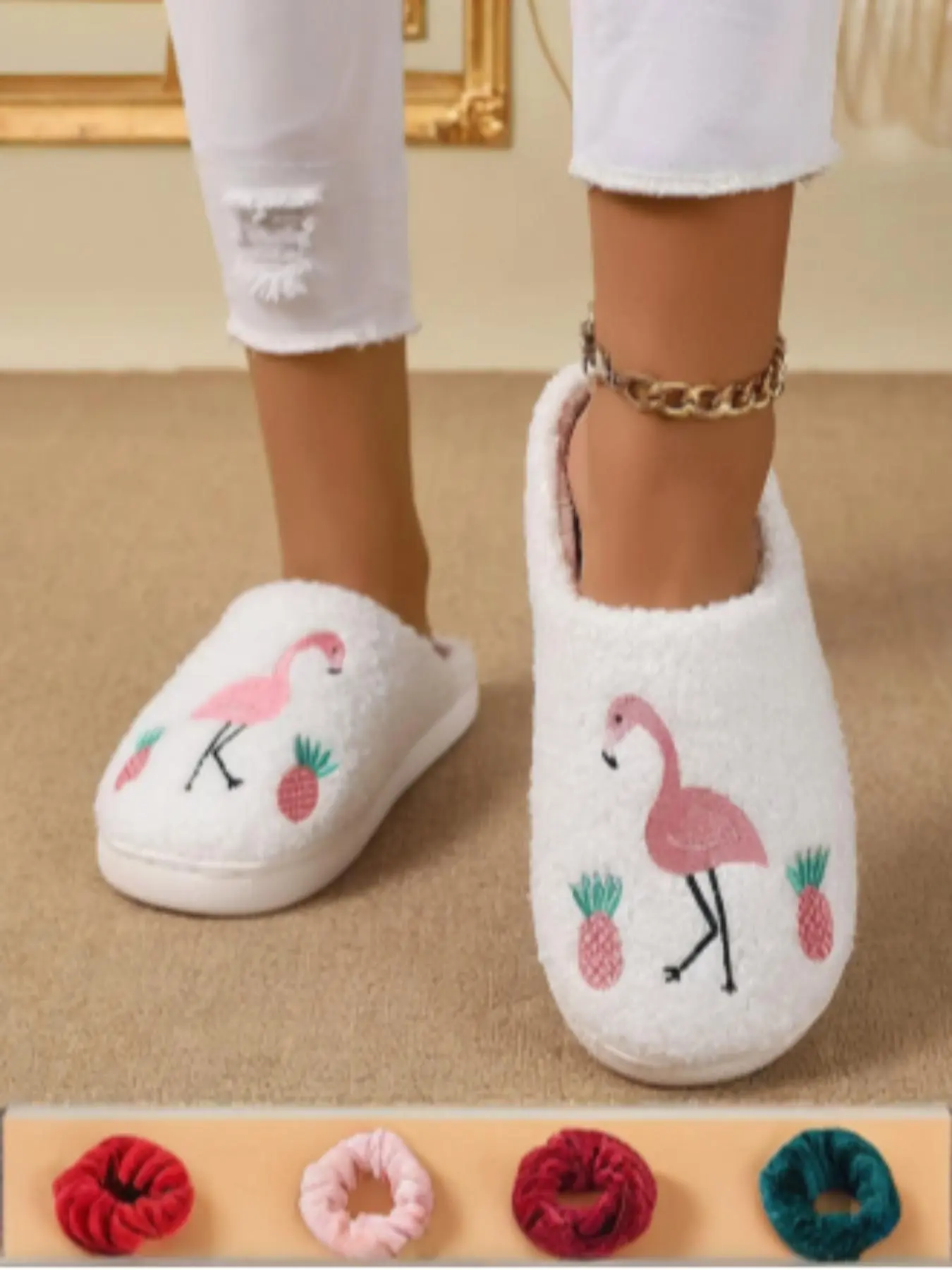 Women's Winter Flamingo Plush Slippers, Indoor Home Wear, Warm Home Shoes, Fashion Cartoon Pattern, Textile Upper, Rubber Sole, Fall & Winter Footwear