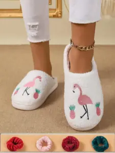 Women's Cute Flamingo Embroidery Slippers, Fuzzy House Slippers, Casual Soft Comfortable Home Slippers, Warm Slippers for Indoor & Outdoor Use for Fall & Winter, Girl