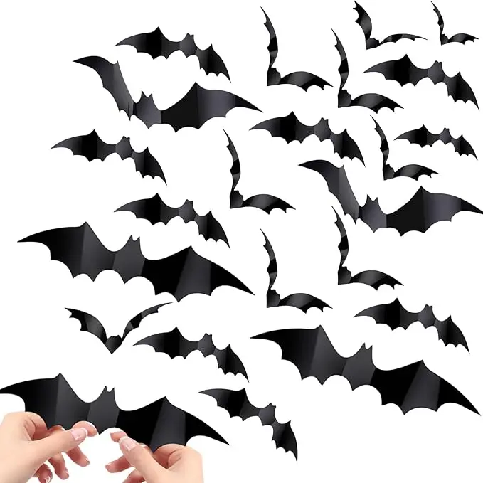 60PCS Bat Decor, Halloween Room Decor, 4 Different Sizes Realistic Waterproof PVC Black 3D Scary Bat Sticker for Home Decor Wall Decal Indoor Hallowmas Party Supplies, Black.