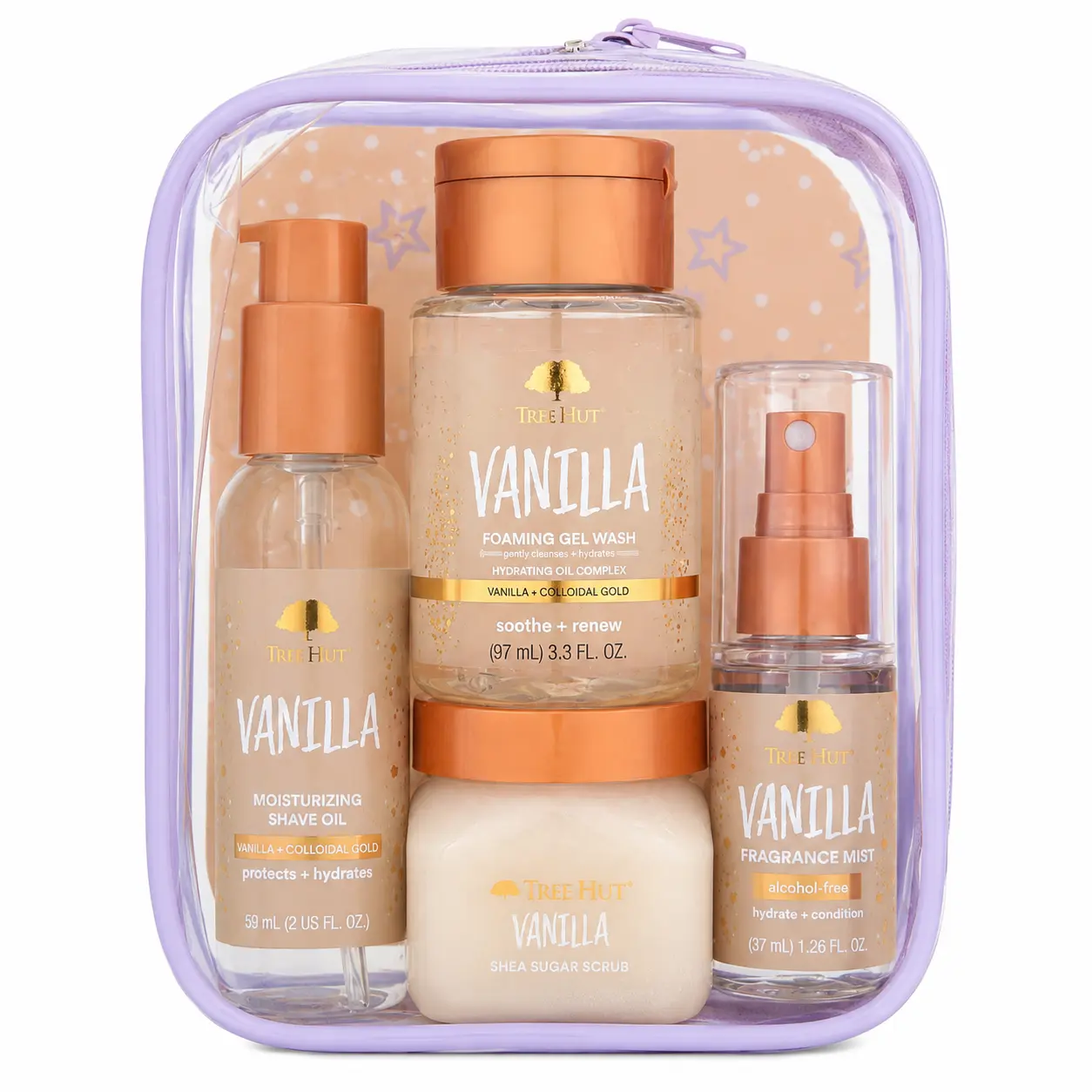 Tree Hut Vanilla Everything Shower Gift Set, 4 Piece Kit, Travel Size | Exfoliating Body Scrub, Body Wash, Shave Oil & Body Spray, Self Care Gift Set, Nourishing & Moisturizing with Shea Butter