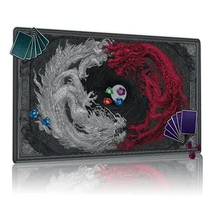 Yin-Yang Dragon TCG MTG Playmat 12x24inch Non-Slip, Dark Themed Mythical Dragon Battle Design, Suitable for Card Game Enthusiasts Party & Family Use, Perfect Gift