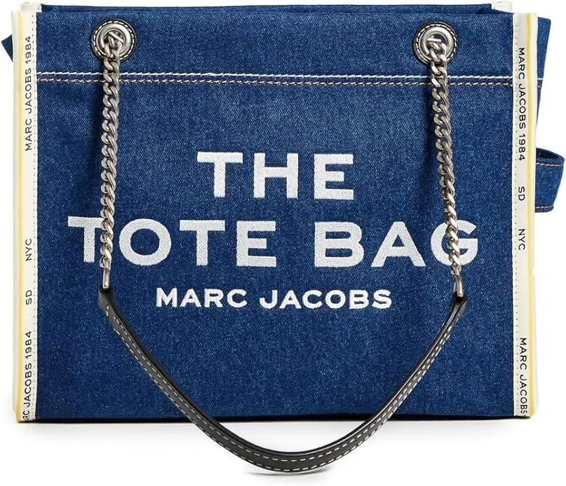 Women's Iconic Marc Jacobs The Denim Chain Medium Tote Bag - Cotton Denim, Dark Wash, Embroidered, Zip Top, Dust Bag, Style 2F4HTT018H05-473, Internal Pocket