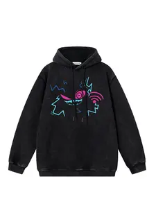 Men's Vintage Washed Tie-Dye Demon Monster Hoodie, Casual Fashion Pullover Sweatshirt, Trendy Streetwear Jacket for All Seasons