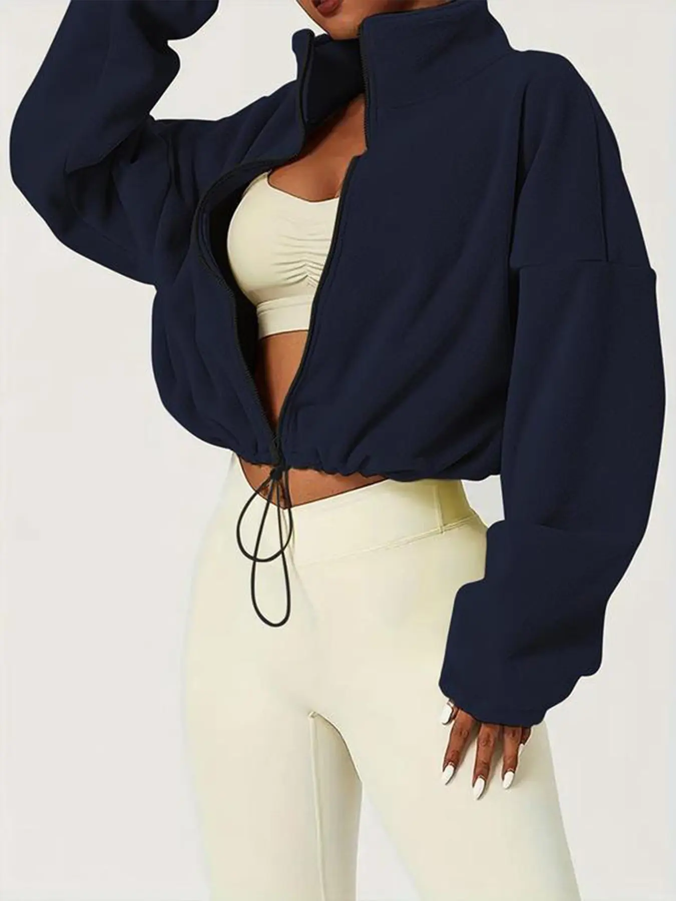 Women's Cropped Zip-Up Jacket - Fleece Casual Top with 'ADA' Print for Daily & Leisure. Adjustable Drawstring Waist Jacket in Navy/Beige/Black Winter Fashion Clothing