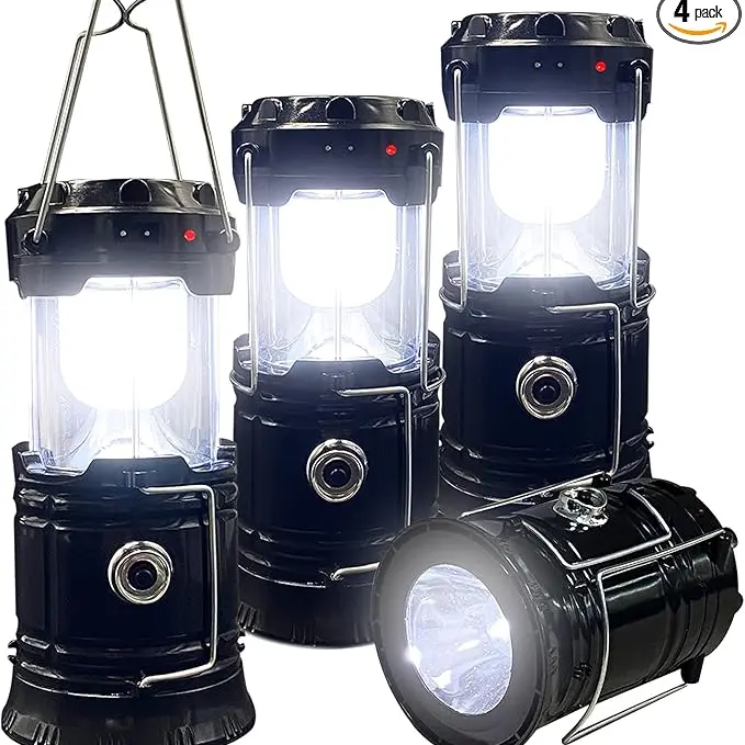 4-Pack Foldable Compact LED Lanterns - Durable, Waterproof, Solar-USB Rechargeable, Solar Powered, Brightness Adjustable, Heat/Freeze Ready, Batteries-Included Emergency Lights with Flashlight Mode, Carries in Small Bags, for Home Power Outages, Hiking, F