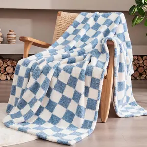 Blue Checkered Throw Blanket, Soft Plush Microfiber Fleece Blanket for Couch Sofa Bed, Cozy Decorative  Blanket,  Season, 50x70 Inches